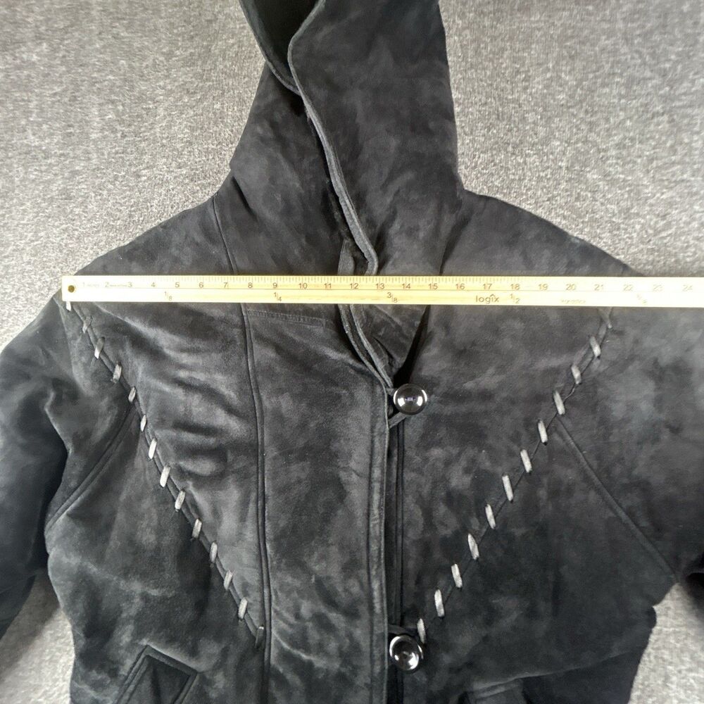 Gallery Genuine Suede Leather Coat Womens Sz M Black Faux Fur Lining & Trim Warm - Picture 9 of 12